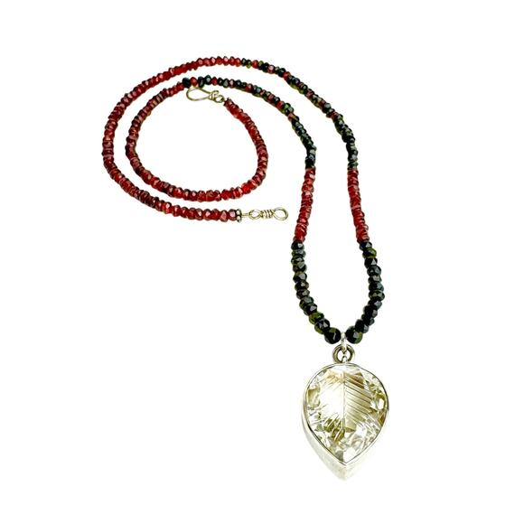Leaf Carved Quartz Crystal Sterling Pendant Garnet Black Spinel Beaded Necklace - Picture 1 of 7